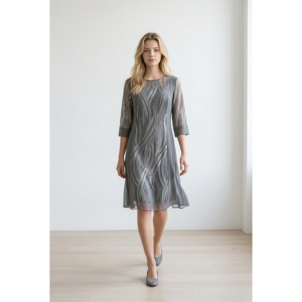 Hekka Grey Silver Embroidered Mesh Sheath Dress NWT Size‎ L 3/4 Sleeve Midi